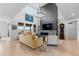 Cozy living room with a fireplace, large windows, and hardwood floors at 7077 Copper Sky Cir, Castle Pines, CO 80108