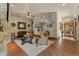 Bright living room with hardwood floors and a stone fireplace at 142 Outpost Ln, Evergreen, CO 80439