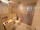 Bathroom featuring floral tile and linoleum flooring at 7345 E Hinsdale Pl, Centennial, CO 80112