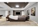Finished basement with a media center, recessed lighting, comfortable leather furniture, and neutral carpet at 3266 Coyote Hills Way, Castle Rock, CO 80109
