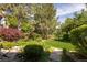 Serene backyard featuring a stone pathway, lush green grass, and mature trees and bushes at 2535 W 115Th Dr, Westminster, CO 80234