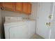 Functional laundry area features washer, dryer, storage cabinets, and a utility door at 2991 S Zeno Way, Aurora, CO 80013