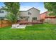 Charming backyard offers a spacious lawn and a wooden deck, ideal for relaxation and outdoor activities at 3528 Morning Glory Dr, Castle Rock, CO 80109