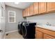 Functional laundry room equipped with modern washer and dryer and ample cabinet storage at 6236 S Millbrook Way, Aurora, CO 80016