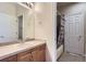 Bright bathroom with a single sink vanity, large mirror and adjacent shower/tub at 10456 Carriage Club Dr, Lone Tree, CO 80124