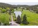 Scenic aerial shot showcasing pond amidst lush, green landscape at 4230 S Meadow Brook Ln, Evergreen, CO 80439