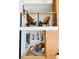 View of upstairs office nook above a first floor room with decorative shelving and brick accents at 6110 E 6Th Avenue Pkwy, Denver, CO 80220