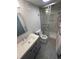 Modern bathroom with gray hexagon floor tile and a walk-in shower at 4550 S Elati St, Englewood, CO 80110