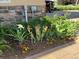 Landscaped flower bed with a variety of blooming flowers, stone edging, and a decorative marker at 16323 River Haven Way, Morrison, CO 80465