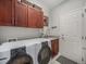 Functional laundry room with modern washer and dryer, storage cabinets, and sink at 16323 River Haven Way, Morrison, CO 80465