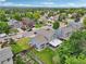 A scenic aerial shot of a light-blue home with a spacious backyard featuring a garden and a view of lush greenery at 6017 S Pierson St, Littleton, CO 80127