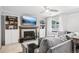 Comfortable living room with a fireplace, built-in shelves, and a serene view from the window at 6017 S Pierson St, Littleton, CO 80127