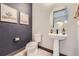 Stylish powder room with accent wall, pedestal sink, decorative mirror and modern fixtures at 16345 Spanish Peak Way, Broomfield, CO 80023