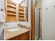 Bathroom featuring wood cabinets, a granite countertop, an elegant shower and towel hooks at 11431 W Lake Dr, Littleton, CO 80127