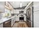 Modern kitchen featuring stainless steel appliances, white cabinets, and a subway tile backsplash, perfect for cooking and entertaining at 11431 W Lake Dr, Littleton, CO 80127