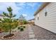 A backyard showcasing a rock pathway and lush greenery along the side of the home at 1592 Maggie Mae Ln, Castle Rock, CO 80104