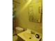 Small bathroom with a vintage yellow sink, a square mirror, and tile walls at 6911 Weiman Ct, Commerce City, CO 80022
