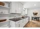 Modern kitchen with white cabinetry, black countertops, and open shelving at 8490 E Davies Pl, Centennial, CO 80112
