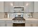 Close-up of a kitchen featuring stainless steel appliances, elegant gray backsplash, and modern gray cabinets at 21436 E Stanford Ave, Aurora, CO 80015
