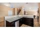 Modern kitchenette features dark wood cabinets, stainless appliances, granite counters, and stylish pendant lights at 22090 E Arbor Dr, Aurora, CO 80016