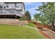 Backyard featuring artificial turf, garden beds, retaining wall, and wooden fence at 4678 Springmeadow Ln, Castle Rock, CO 80109