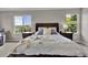 Bright main bedroom featuring two windows and a bed with decorative pillows and throw at 4678 Springmeadow Ln, Castle Rock, CO 80109