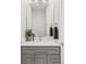Elegant bathroom with gray vanity, marble countertop, undermount sink, and decorative mirror at 1457 Yates St, Denver, CO 80204