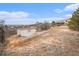 A shed in the backyard area with mountain views in the background at 5774 Sioux Dr, Sedalia, CO 80135