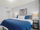 Bedroom with a blue comforter, bedside tables, and white trim, offering a restful retreat at 9961 E Idaho Cir # 104, Aurora, CO 80247