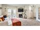 Bright living room features a cozy sofa, fireplace with TV, and large windows with a scenic view at 5255 Memphis St # 311, Denver, CO 80239