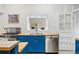 Kitchen with stainless steel appliances, blue cabinets and butcher block countertops at 1333 N Lafayette St, Denver, CO 80218