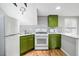 Cozy kitchen with green cabinets, white appliances, and black and white backsplash at 1333 N Lafayette St, Denver, CO 80218
