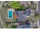 Bird's eye view of a home with a sparkling in-ground pool, deck, and green lawn in a well-maintained residential setting at 18885 E Union Dr, Aurora, CO 80015