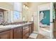 Bathroom featuring dual sinks, dark wood cabinets, and a sunlit window at 311 Portmeirion Ln, Castle Rock, CO 80104