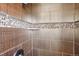 Close up of remodeled shower with decorative horizontal tile detail and updated fixtures at 311 Portmeirion Ln, Castle Rock, CO 80104