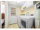 Bright laundry room featuring a modern washer and dryer set, storage cabinets, and a convenient exterior door at 2160 S Flower St, Lakewood, CO 80227