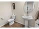 Well-lit powder room featuring a pedestal sink, decorative mirror and wood-look flooring at 4121 River Oaks St, Castle Rock, CO 80104