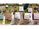 Aerial shot of residential neighborhood showcasing rooftops, yards, and street layout at 2548 S Zurich Ct, Denver, CO 80219