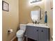 Well-appointed powder room featuring modern fixtures and stylish gray vanity at 1344 Royal Troon Dr, Castle Rock, CO 80104