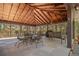 Covered outdoor patio with seating and dining table with view of the surrounding trees at 9107 S Deer Creek Canyon Rd, Littleton, CO 80127