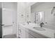 Elegant bathroom featuring double vanity with white quartz countertops, modern sinks, and brushed nickel fixtures at 9382 Quaker St, Arvada, CO 80007
