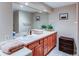 Bathroom showcasing a large mirror, double sinks, and plenty of counter space with towels and plants at 10291 E Powers Ave, Greenwood Village, CO 80111