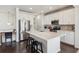 Modern kitchen with stainless steel appliances, a large island with seating, and sleek white cabinetry with dark floors at 12597 W Big Horn Cir, Broomfield, CO 80021