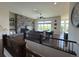 This large living room boasts a stone fireplace, hardwood floors, and expansive windows with great views at 3125 Red Kit Rd, Franktown, CO 80116