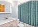Clean bathroom featuring a vanity with a modern sink, a toilet, and a shower with a teal curtain at 155 S Pennsylvania St # 311, Denver, CO 80209