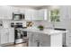 Modern kitchen with white cabinets, stainless steel appliances, and center island with seating at 10158 Granby St, Commerce City, CO 80022
