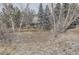 Backyard view with a multi-level deck, bare trees, and snow-covered evergreen trees at 2522 W Dry Creek Ct, Littleton, CO 80120