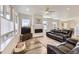 Inviting living room featuring a fireplace, modern ceiling fan, and comfortable leather seating at 12685 W Montane Dr, Broomfield, CO 80021