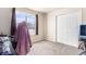 Small bedroom includes plush carpet, a window, a bi-fold closet, and overhead lighting at 6817 Sequoia St, Frederick, CO 80530