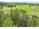 Scenic aerial view of the property surrounded by lush greenery, mature trees, and open fields at 404 Raspberry Ln, Monument, CO 80132